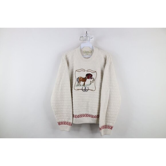 Cabela's Sweaters - Vintage 90s Cabelas Womens Large Distressed Horse Equestrian Knit Sweater Cream